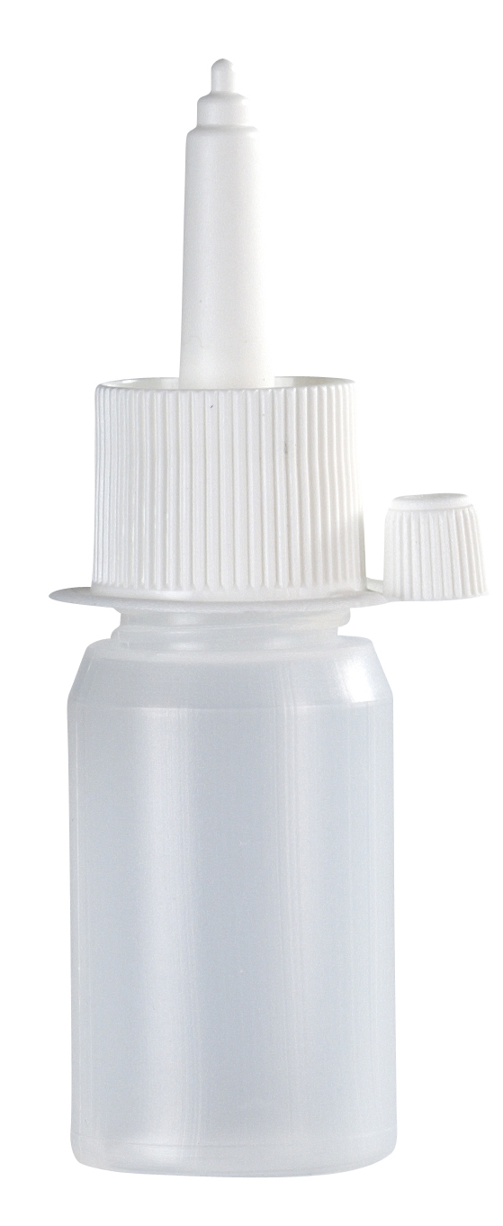 Droppflaska i plast med sned spets och vidhängande kork, 25 ml